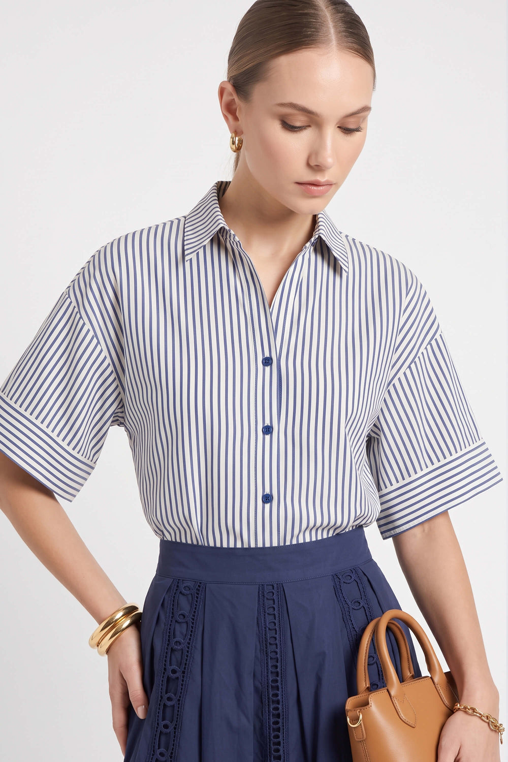 Alexa Striped Short Sleeve Blusa 752982 DEN