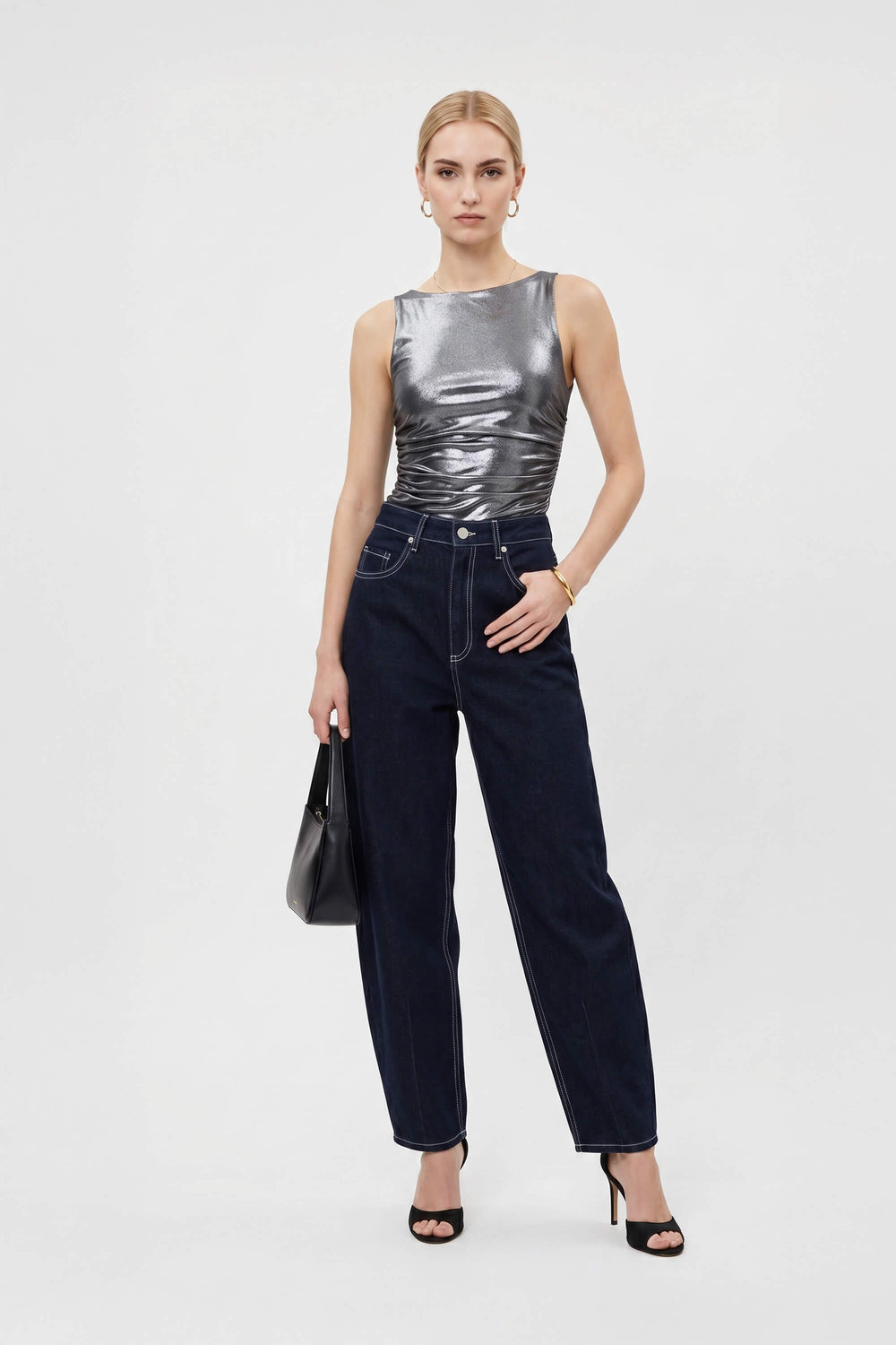 Munich Contrast-Stitch Denim Barrel Leg Pants