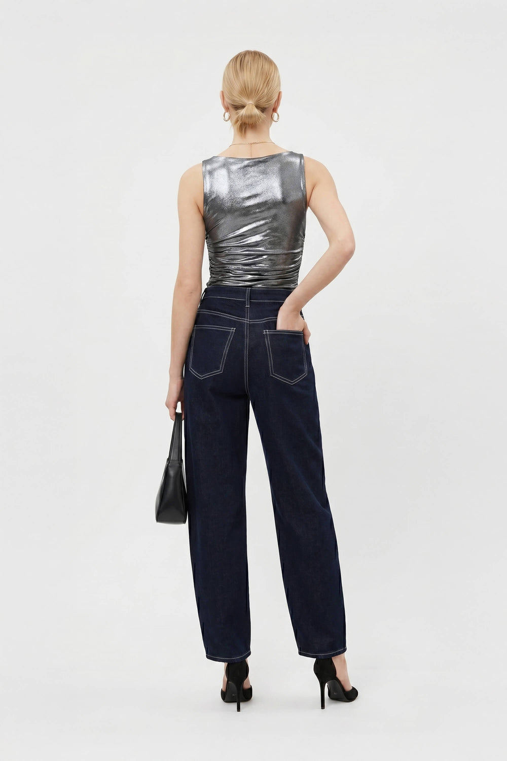 Munich Contrast-Stitch Denim Barrel Leg Pants