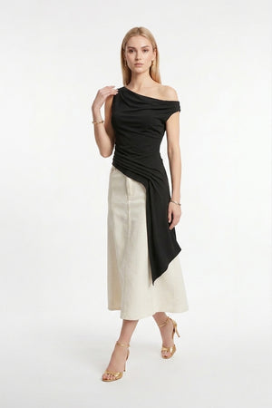 Inés Paneled Denim Midi Skirt