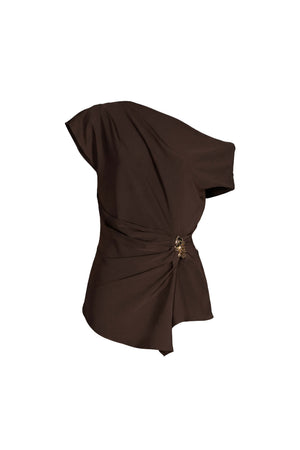 Cassandra One-Shoulder Draped Metal Buckle Blusa  554328 CAF