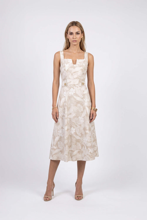 Julieta Notch Square Neck Midi Vestido 723008 BEI