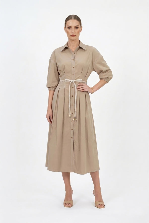 Bianca Tassel-Belted Denim Midi Shirt Dress