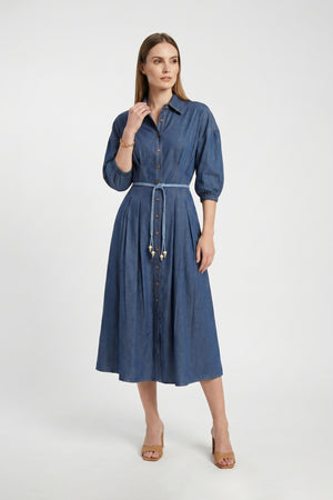 Bianca Tassel-Belted Denim Midi Shirt Dress