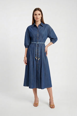 Bianca Tassel-Belted Denim Midi Shirt Dress