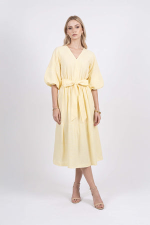 Beatrice Striped Puff Sleeve Midi Vestido 723107 AMA
