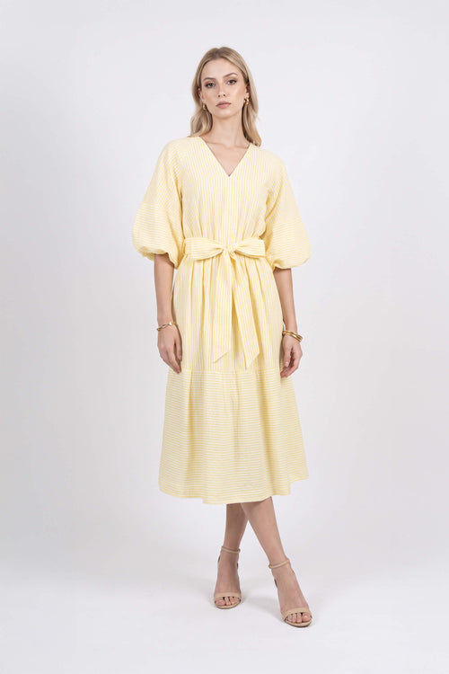Beatrice Striped Puff Sleeve Midi Vestido 723107 AMA