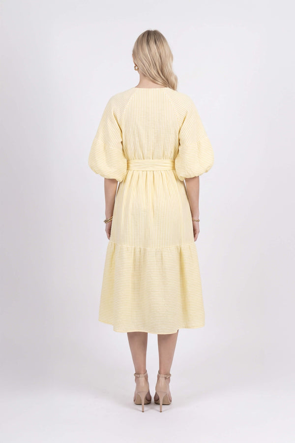 Beatrice Striped Puff Sleeve Midi Vestido 723107 AMA