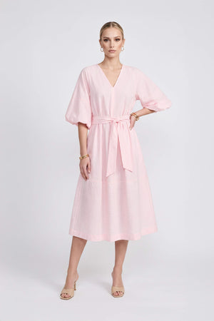 Beatrice Striped Puff Sleeve Midi Vestido 723107 ROS