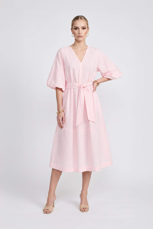 Beatrice Striped Puff Sleeve Midi Vestido 723107 ROS
