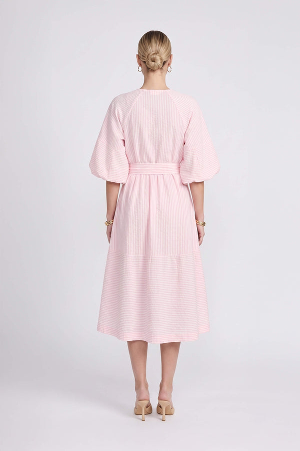 Beatrice Striped Puff Sleeve Midi Vestido 723107 ROS