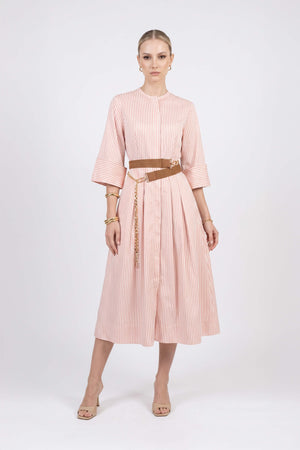 Victoria Belted Striped Midi Vestido 723113 BEI