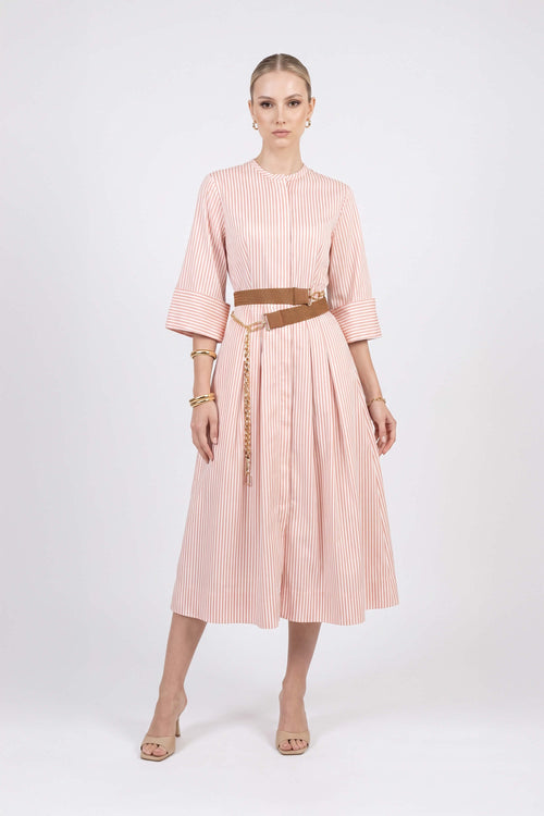 Victoria Belted Striped Midi Vestido 723113 BEI
