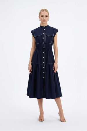 Leonor Contrast-Piping Button-Front Vestido 723160MAR
