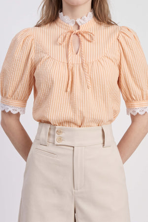 Mia High-Neck Lace Striped Blusa 752952 NAR