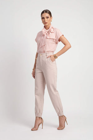 Inés Tie Neck Striped Short Sleeve Camisa 752994 BEI