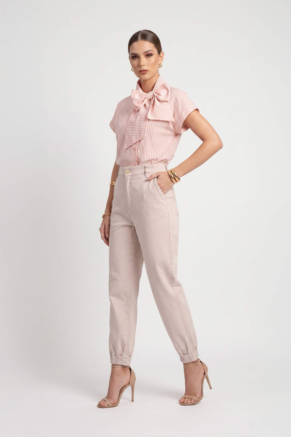 Inés Tie Neck Striped Short Sleeve Camisa 752994 BEI