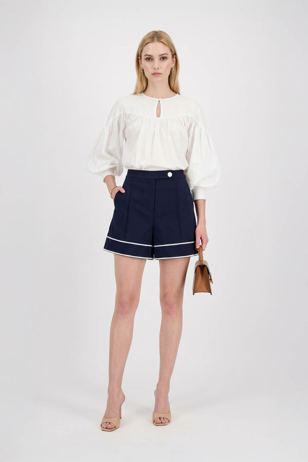 Dalia Puff-Sleeve Keyhole Cotton-Stretch Blouse