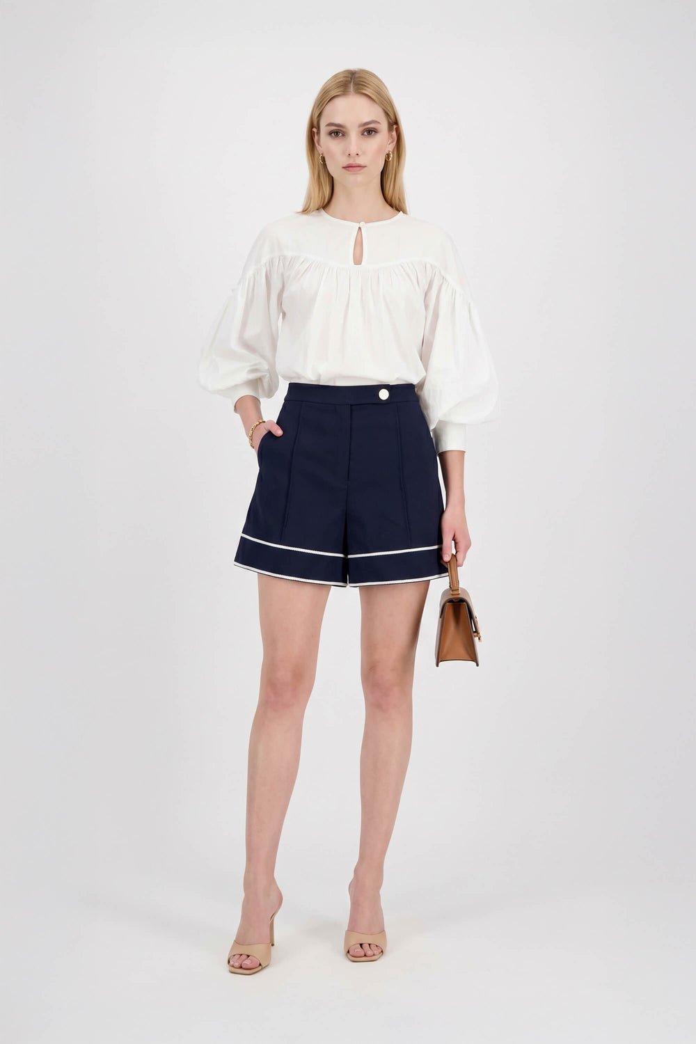 Nora High-Waisted Contrast-Trim Tailored Shorts