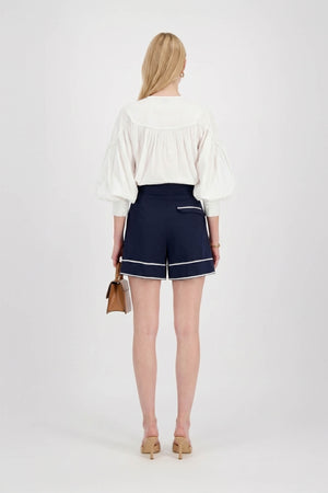 Dalia Puff-Sleeve Keyhole Cotton-Stretch Blouse