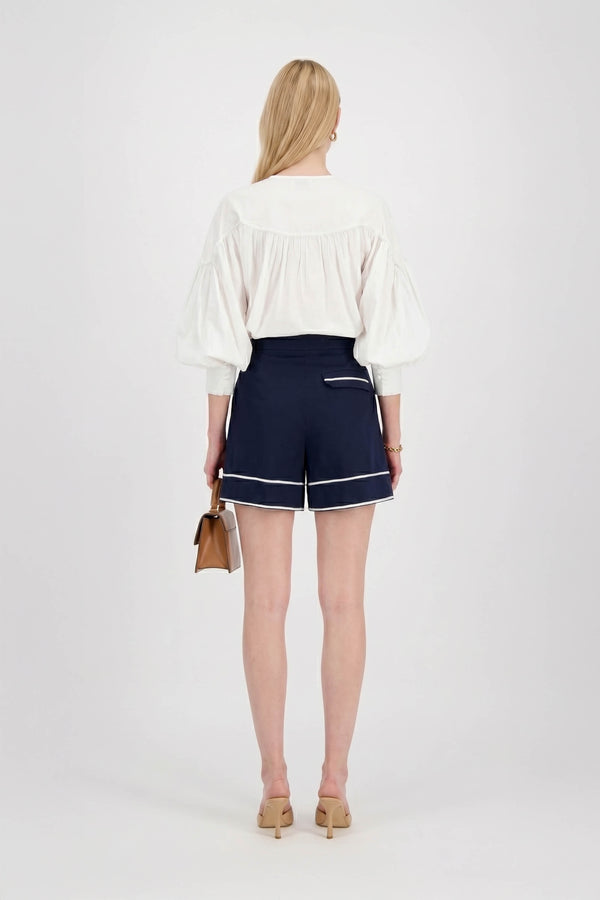Dalia Puff-Sleeve Keyhole Cotton-Stretch Blouse
