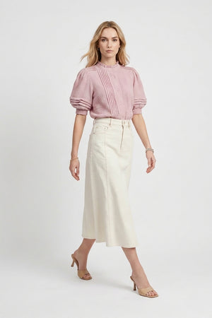 Olivia Ruffled High-Neck Pleated Short-Sleeve Blouse