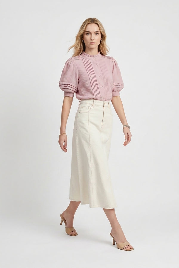 Olivia Ruffled High-Neck Pleated Short-Sleeve Blouse