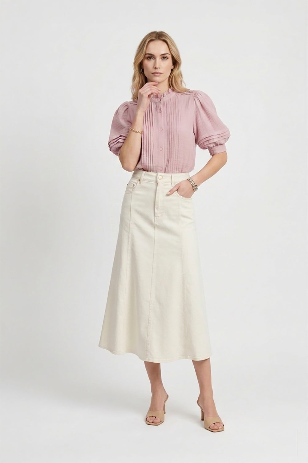 Olivia Ruffled High-Neck Pleated Short-Sleeve Blouse