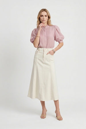 Olivia Ruffled High-Neck Pleated Short-Sleeve Blouse