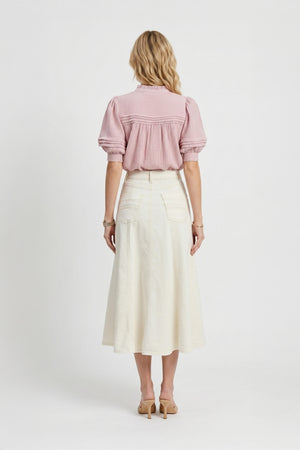 Olivia Ruffled High-Neck Pleated Short-Sleeve Blouse