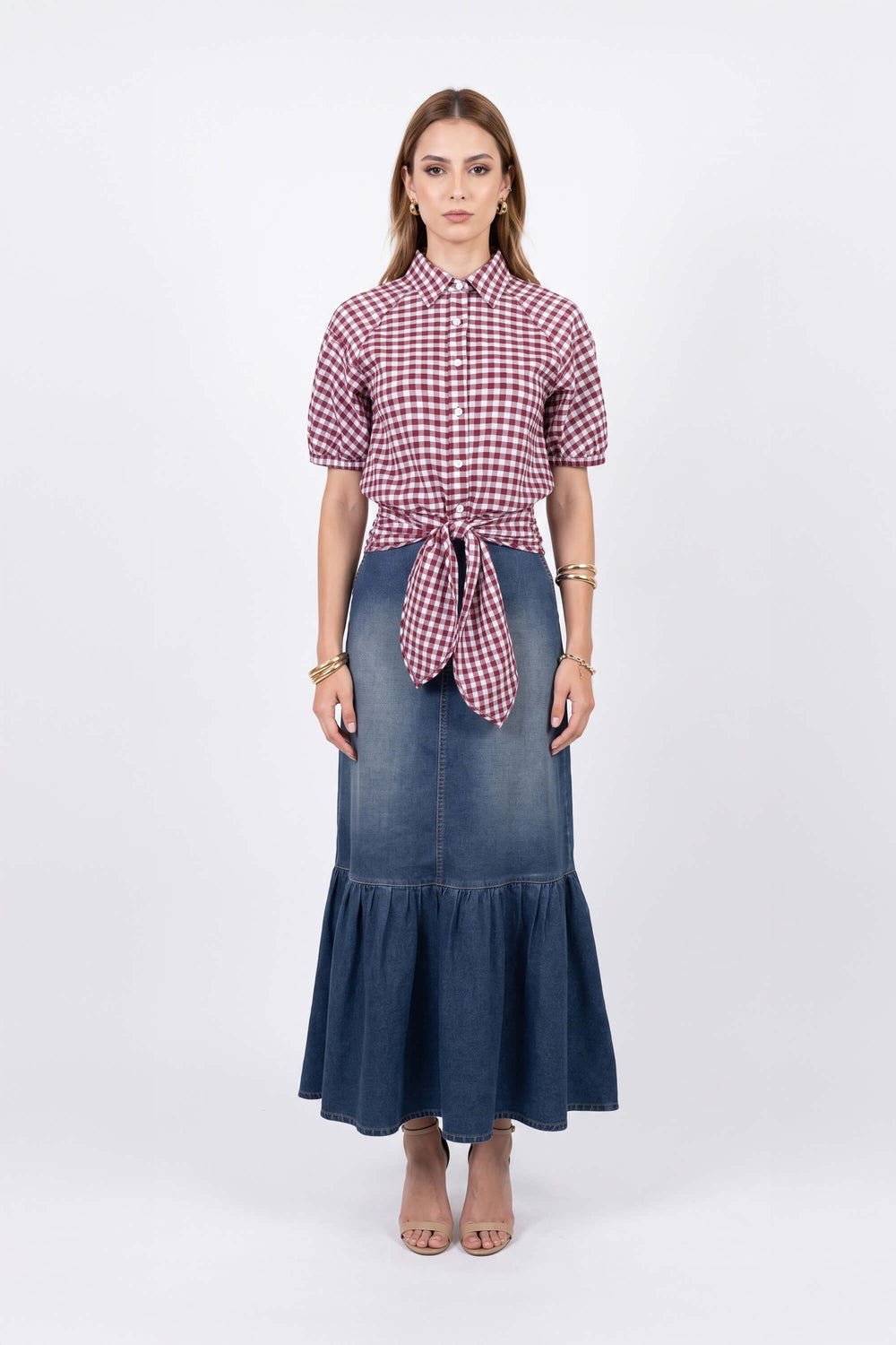 Lucía Gingham Tie-Front Smocked Blusa 753010 BUR