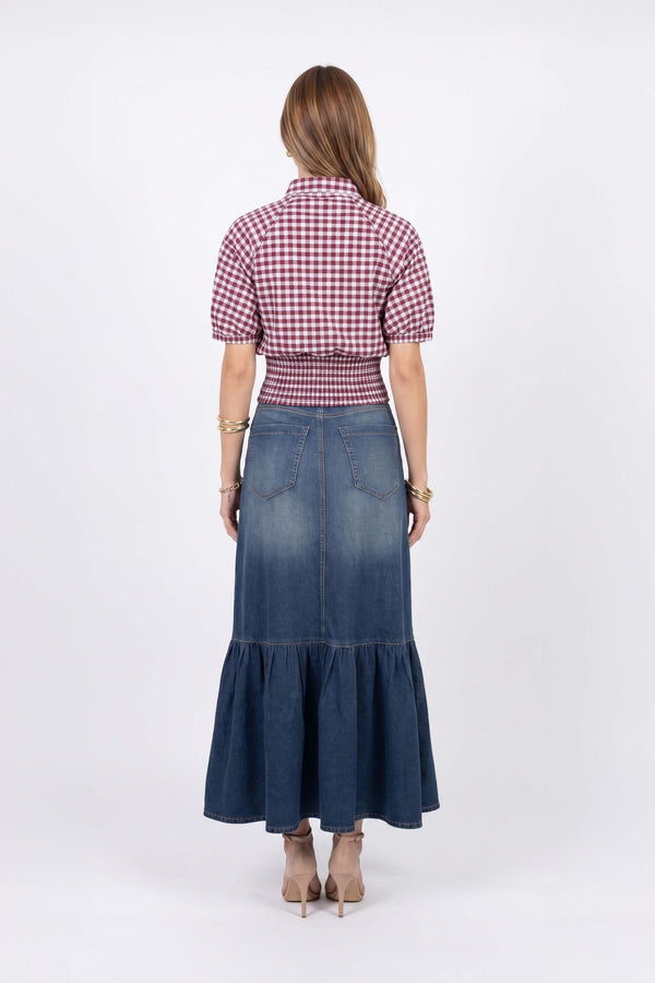 Lucía Gingham Tie-Front Smocked Blusa 753010 BUR