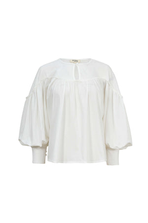 Dalia Puff-Sleeve Keyhole Cotton-Stretch Blouse