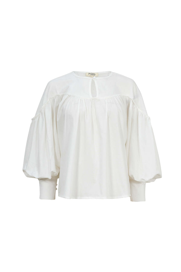Dalia Puff-Sleeve Keyhole Cotton-Stretch Blouse