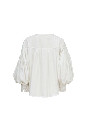 Dalia Puff-Sleeve Keyhole Cotton-Stretch Blouse