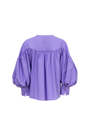 Dalia Puff-Sleeve Keyhole Cotton-Stretch Blouse