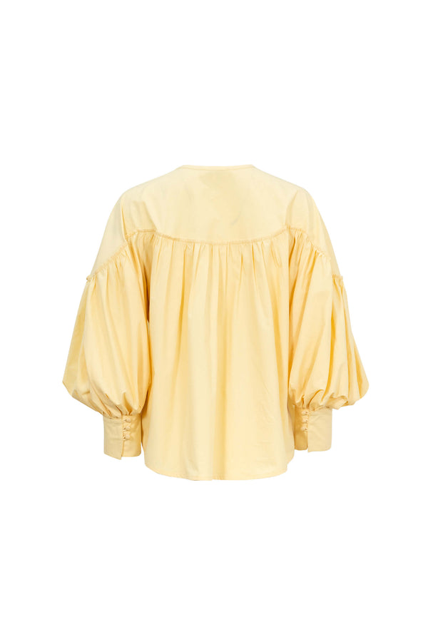 Dalia Puff-Sleeve Keyhole Cotton-Stretch Blouse