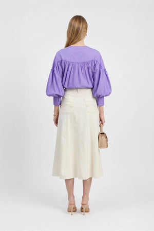 Dalia Puff-Sleeve Keyhole Cotton-Stretch Blouse