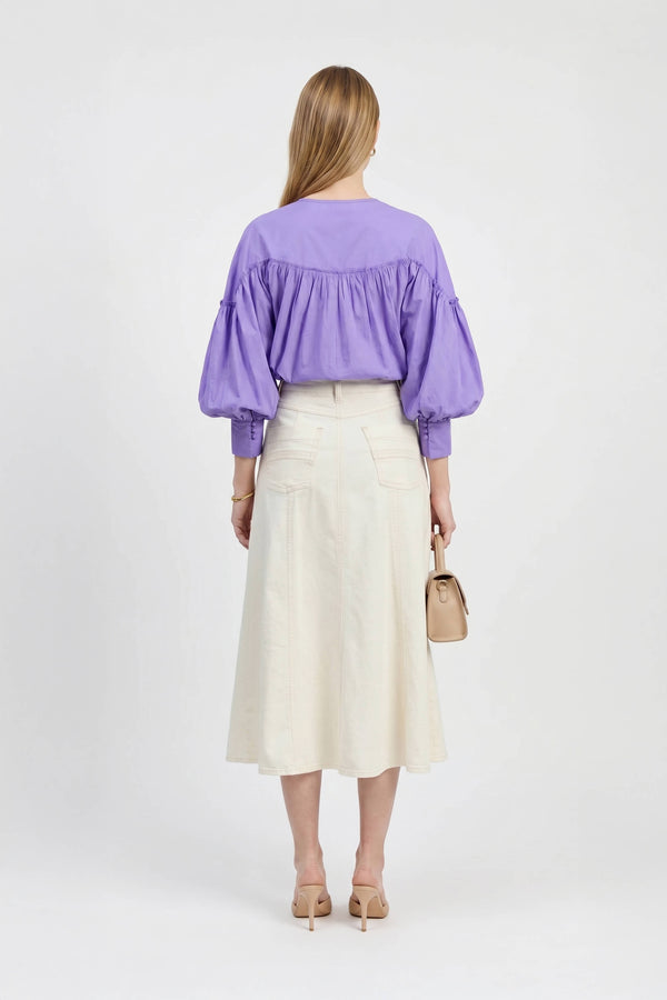 Dalia Puff-Sleeve Keyhole Cotton-Stretch Blouse