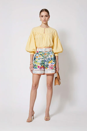 Dalia Puff-Sleeve Keyhole Cotton-Stretch Blouse