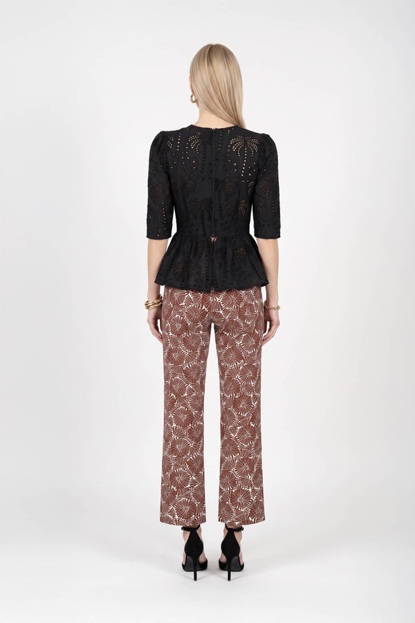 Cassandra Eyelet Double-Tie Peplum Blusa 752937 NEG