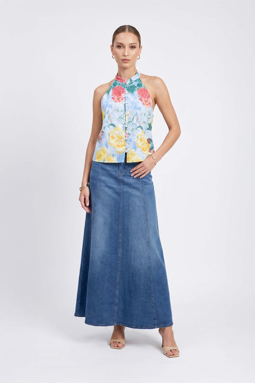 Lucía Floral Halter Eyelet Blusa 752939 AZU
