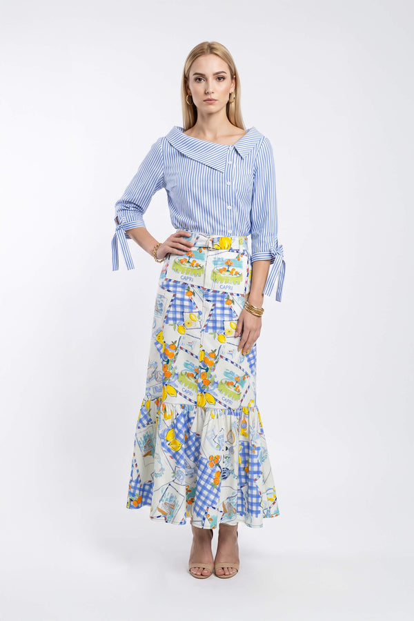 Olimpia Capri-Print Tiered Midi Falda 740998 AZU