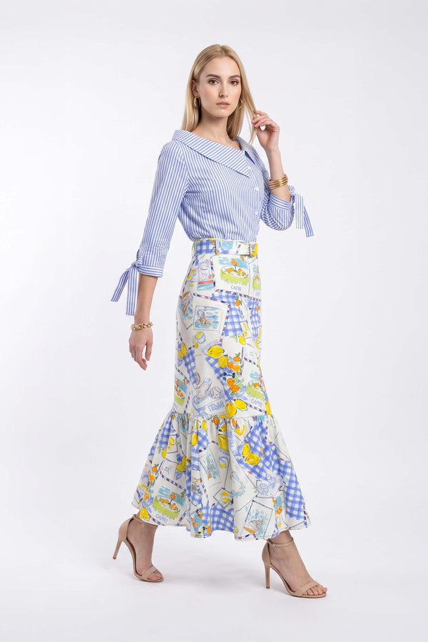 Olimpia Capri-Print Tiered Midi Falda 740998 AZU