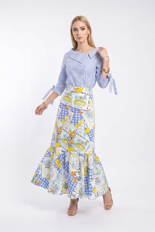 Olimpia Capri-Print Tiered Midi Falda 740998 AZU