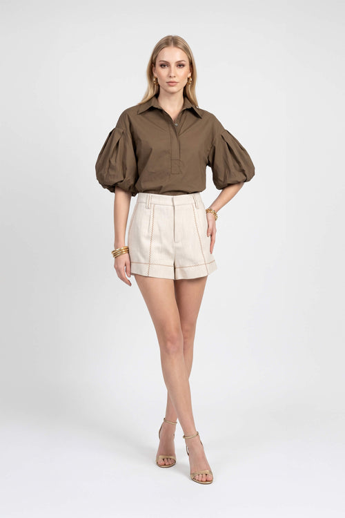 Beatrice Contrast Stitched High-Waist Shorts  731144 BEI