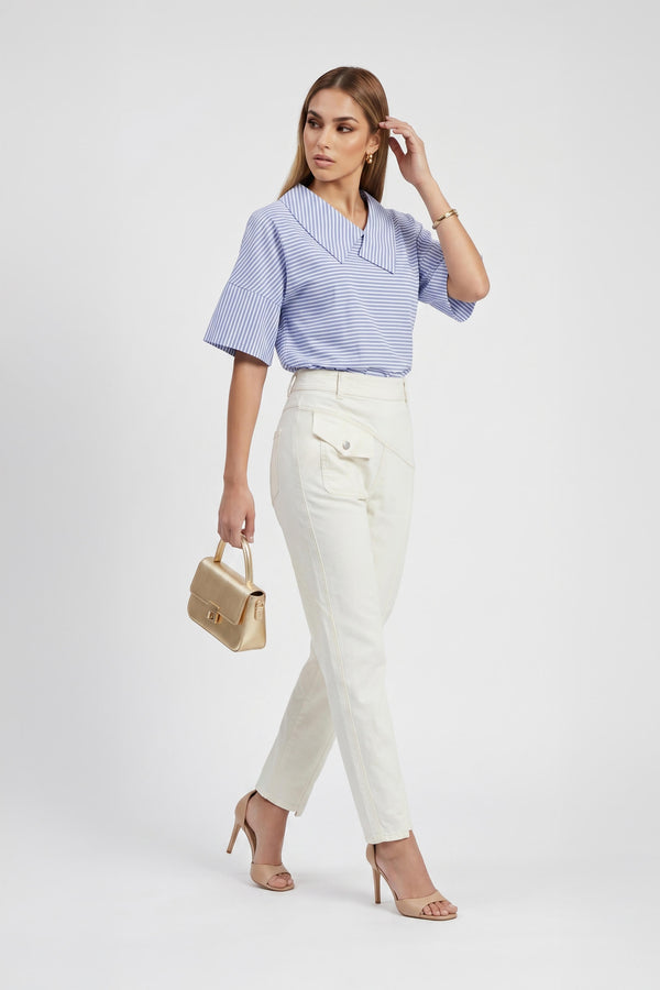 Sofia Collar-Detail Short-Sleeve Blusa