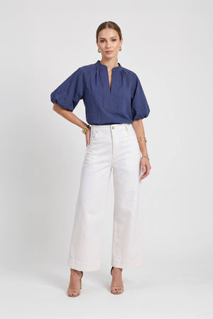 Adriana Puff Sleeve V-Neck Blusa 752975 AZU