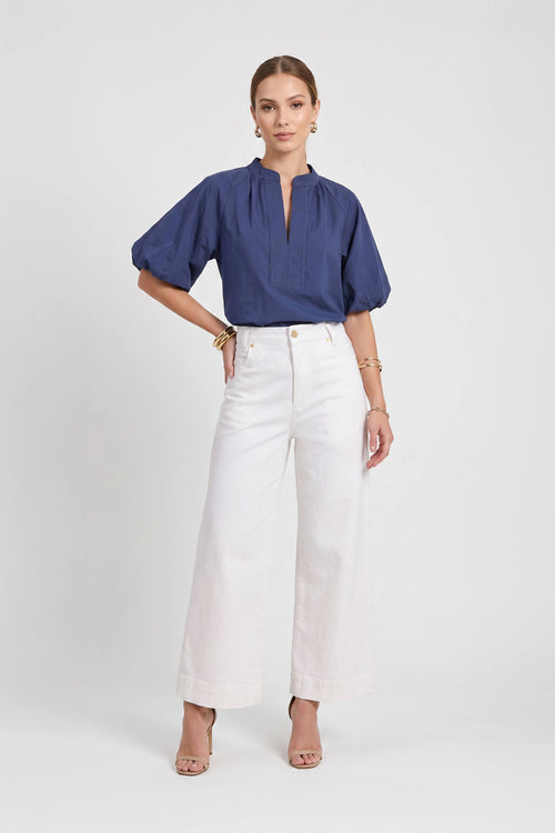 Adriana Puff Sleeve V-Neck Blusa 752975 AZU