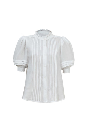Olivia Ruffled High-Neck Pleated Short-Sleeve Blouse